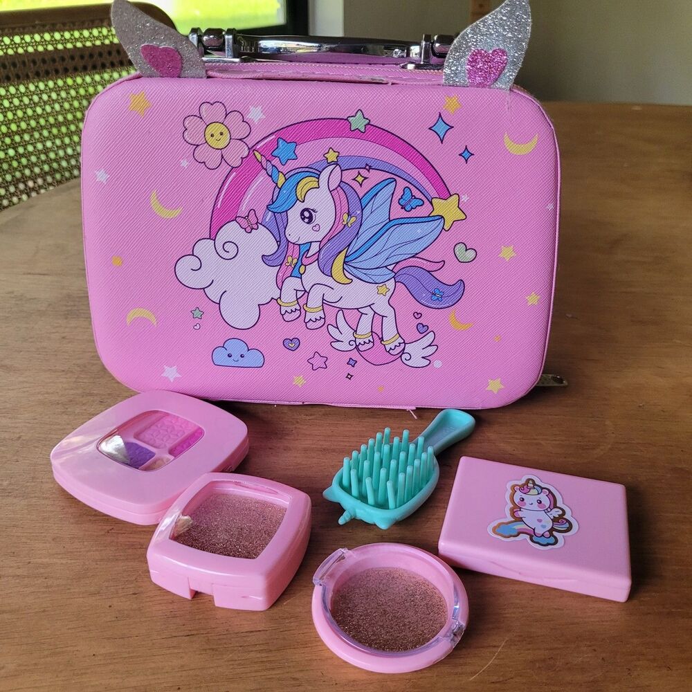 Pink UNICORN Printed Toy Travel Rockabilly Vanity Case With Play Makeup Items